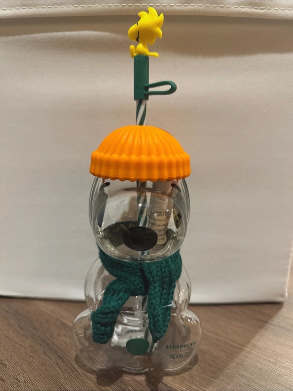 Starbucks Clear Glass Snowman Ornament with Orange Hat & Green Scarf